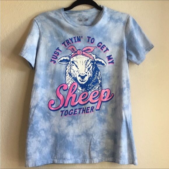 Graphic tie dye blue tee “Just trying to get my sheep together” short sleeve - Picture 1 of 4